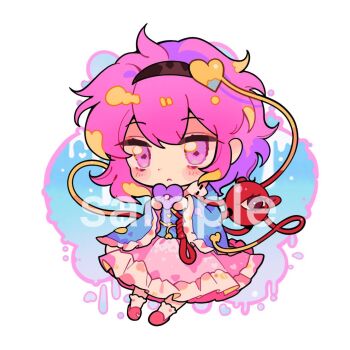 1girl black_hairband blue_shirt blush buttons chibi chibi_only closed_mouth eyeball frilled_shirt_collar frilled_skirt frilled_sleeves frills hair_ornament hairband heart heart_button heart_hair_ornament highres komeiji_satori long_sleeves looking_at_viewer pink_eyes pink_hair pink_skirt pink_slippers ribbon-trimmed_collar ribbon_trim sample_watermark shirt skirt slippers socks solo third_eye touhou watermark white_socks wide_sleeves youshouhaoxianzhe