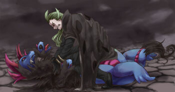 1boy abuse angry black_gloves black_shirt black_shoes blonde_hair brown_cloak brown_sky clenched_teeth cloak cloud cloudy_sky commentary crack cracked_floor crying desert dragon facing_another furious gen_5_pokemon ghetsis_(pokemon) gloves hands_on_another&#039;s_neck high_collar hydreigon kurouri_(kurowri) looking_up lying male_focus multiple_heads nintendo on_back on_ground open_mouth outdoors overcast pokemon pokemon_(creature) pokemon_bw2 red_eyes roaring shirt shoes sky straddling strangling streaming_tears tears teeth tongue tongue_out