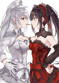 2girls asle black_hair black_headdress breasts cleavage clock_eyes commentary_request date_a_live date_a_live:_date_a_bullet detached_sleeves dress epaulettes food food_in_mouth from_side gloves hairband hat highres imminent_pocky_kiss large_breasts long_hair looking_at_another medium_breasts military_hat multiple_girls pocky pocky_in_mouth red_dress red_eyes red_headdress symbol-shaped_pupils tokisaki_kurumi twintails two-tone_headdress uneven_twintails very_long_hair white_gloves white_hair white_hairband white_queen_(date_a_live) yellow_eyes yuri
