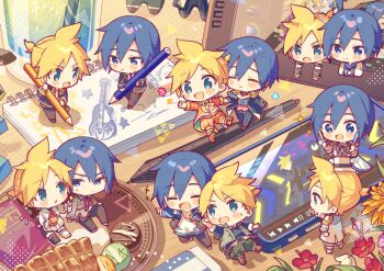 +++ 2boys :d ^_^ black_jacket blonde_hair blue_eyes blue_hair blush_stickers cellphone chibi chibi_only closed_eyes closed_mouth commentary_request double-parted_bangs drawing_(action) drawing_(object) flying_sweatdrops full_body glowstick hair_between_eyes holding holding_glowstick holding_pencil jacket kagamine_len kaito_(vocaloid) long_sleeves male_focus mini_person miniboy multiple_boys multiple_views notebook open_mouth orange_jacket pencil phone project_sekai short_hair sinaooo smartphone smile standing v-shaped_eyebrows vocaloid