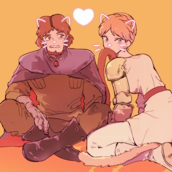 1boy 1girl belt biting_another&#039;s_tail black_boots blue_eyes boots braid breasts brown_belt brown_hair brown_pants brown_shirt cat_girl cat_tail cloak closed_mouth commentary_request crown_braid drawn_ears drawn_nose drawn_whiskers dress earrings facial_hair gloves grey_gloves heart highres jewelry kaze_no_tani_no_nausicaa kemonomimi_mode kurotowa kushana long_sleeves mechanical_arms medium_breasts mustache_stubble orange_background orange_hair pants serizawa_nae shirt short_hair single_mechanical_arm sitting smile stubble tail teardrop_earrings white_boots white_dress white_pants