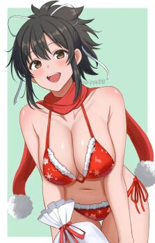 1girl asuka_(senran_kagura) bikini black_eyes black_hair breasts commentary_request cowboy_shot highres large_breasts open_mouth red_bikini red_scarf santa_bikini santa_costume scarf senran_kagura smile snowflake_print solo surippa1010 swimsuit wide_ponytail