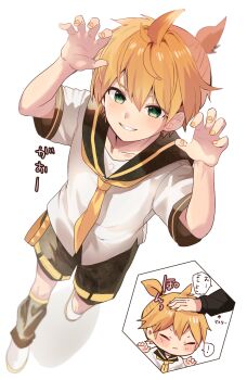 2boys absurdres ahoge bass_clef black_sailor_collar black_shorts blonde_hair blush claw_pose collarbone commentary_request double-parted_bangs from_above full_body green_eyes hair_between_eyes headpat highres kagamine_len leg_warmers looking_at_viewer male_focus multiple_boys nail_polish nayuu86 necktie one_side_up open_mouth patting sailor_collar shadow shirt shoes short_hair short_sleeves shorts sidelocks simple_background teeth translation_request vocaloid walking white_background white_shirt white_shoes yellow_nails yellow_necktie