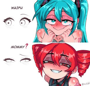 2girls aqua_eyes aqua_hair bare_shoulders cheek_squash collared_shirt drill_hair grey_shirt hair_between_eyes half-closed_eyes hatsune_miku highres kasane_teto kasane_teto_(utau) meme multiple_girls naughty_face osidid red_eyes red_hair shirt simple_background sleeveless sleeveless_shirt smile tears twin_drills twintails utau vocaloid waifu_or_mommy_(meme) white_background