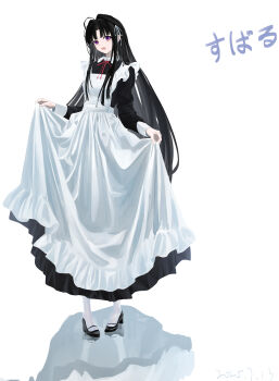 Rule 34 | 1girl, absurdres, ahoge, apron, awa subaru, black dress, black hair, character name, chinese commentary, commentary request, dress, girls band cry, hair intakes, hair ribbon, highres, jwww1375902131, long hair, maid apron, open mouth, pantyhose, purple eyes, reflective floor, ribbon, simple background, skirt hold, solo, translated, white apron, white background, white pantyhose, white ribbon