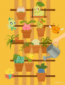 ._. :3 :d ^_^ absurdres animal_ears antennae aqua_eyes artist_name bellsprout blue_skin blush bulbasaur celebi chikorita citruslucy closed_eyes colored_skin combee commentary cottonee english_commentary fingernails floating flower_pot flying gen_1_pokemon gen_2_pokemon gen_4_pokemon gen_5_pokemon gen_7_pokemon gen_8_pokemon gossifleur green_skin highres holding holding_watering_can hoppip insect_wings legendary_pokemon looking_at_another mythical_pokemon nintendo no_ears no_hands no_pupils oddish open_mouth orange_background orange_eyes pink_skin plant pokemon pokemon_(creature) potted_plant red_eyes rowlet signature sitting smile solid_circle_eyes turtwig water watering_can wings yellow_background yellow_eyes
