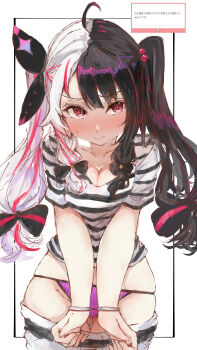 Rule 34 | 1girl, :>, absurdres, ahoge, black bow, black hair, black shirt, blush, bow, breasts, cleavage, collarbone, commentary request, cuffs, hair ornament, handcuffs, highres, long hair, looking to the side, multicolored hair, multicolored shirt, nijisanji, panties, purple panties, red eyes, red hair, shirt, short sleeves, simple background, solo, striped clothes, tazrn1, translation request, twintails, underwear, virtual youtuber, white hair, white shirt, wide hips, yorumi rena