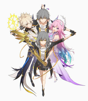 2boys 2girls absurdres aqua_hair black_coat black_skirt blonde_hair breasts caelus_(honkai:_star_rail) coat cracked_skin cyrene_(honkai:_star_rail) cyrene_(ripples_of_past_reverie)_(honkai:_star_rail) dress dual_persona gold_blood gradient_hair grey_hair hair_ornament halo hei_lang highres holding_hands honkai:_star_rail honkai_(series) long_hair medium_breasts multicolored_hair multiple_boys multiple_girls phainon_(honkai:_star_rail) phainon_(khaslana)_(honkai:_star_rail) pink_hair purple_eyes shirt short_hair simple_background skirt trailblazer_(honkai:_star_rail) two-tone_hair very_long_hair white_background white_dress white_shirt