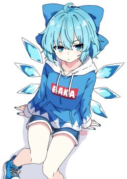 1girl absurdres ahoge alternate_costume blue_bow blue_eyes blue_hair blue_hoodie blue_nails blue_shoes blue_shorts blush bow cirno closed_mouth clothes_writing commentary_request detached_wings hair_bow highres hood hoodie ice ice_wings long_sleeves looking_at_viewer medium_hair pioartstuff romaji_text shoes shorts simple_background sitting sneakers solo touhou watermark white_background wings