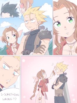 1girl 2boys aerith_gainsborough armor bandaged_arm bandages belt bervens12 black_hair black_pants black_shirt blonde_hair blue_eyes bracelet braid braided_ponytail brown_belt brown_hair buster_sword choker cloud_strife crossed_arms dress english_text final_fantasy final_fantasy_vii final_fantasy_vii_rebirth final_fantasy_vii_remake flower_choker frown furrowed_brow gold_bangle green_eyes hair_between_eyes hair_ribbon hair_slicked_back hand_in_another's_hair hand_on_another's_head heart heart-shaped_eyes hetero highres imitating jacket jewelry light_blush long_hair looking_at_another multiple_belts multiple_boys multiple_bracelets one_eye_closed outdoors pants parted_bangs parted_lips pauldrons pink_dress pink_ribbon red_jacket ribbed_shirt ribbon shirt short_hair shoulder_armor sidelocks silver_bangle single_bare_shoulder single_braid single_pauldron sleeveless sleeveless_turtleneck smile speech_bubble suspenders sweatdrop sword sword_on_back thought_bubble turtleneck upper_body weapon weapon_on_back zack_fair