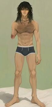 1boy absurdres ai-assisted albel_nox amputee barefoot boxers bulge full_body highres ish33r male_underwear manly monochrome_background muscular muscular_male scar scar_on_arm simple_background solo star_ocean star_ocean:_till_the_end_of_time topless_male underwear