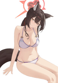 1girl absurdres animal_ear_fluff animal_ears bikini black_hair blue_archive blush breasts closed_mouth commentary_request drachsss fox_ears fox_girl fox_tail halo highres large_breasts looking_at_viewer low_ponytail navel official_alternate_costume ponytail purple_bikini red_halo smile solo stomach swimsuit tail wakamo_(blue_archive) wakamo_(swimsuit)_(blue_archive) yellow_eyes