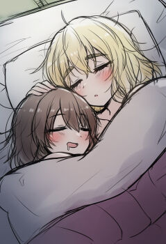 2girls bed_sheet blonde_hair blush brown_hair closed_eyes collarbone hair_between_eyes hand_on_another's_head headpat highres kyuort maribel_hearn multiple_girls naked_sheet on_bed open_mouth pillow saliva short_hair sleeping thick_eyebrows touhou under_covers usami_renko yuri