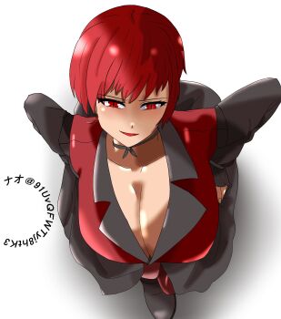 1girl 91uvqfwtyj8htk3 breasts curvy dress female_focus formal_clothes huge_breasts large_breasts looking_at_viewer pale_skin pantyhose red_eyes red_hair shoes skirt smile smiley_face standing suit tan the_king_of_fighters thick_thighs thighs vice_(kof) wide_hips