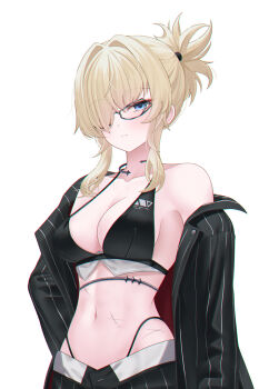 1girl absurdres bikini blonde_hair blue_eyes breasts choker cleavage cross cross_choker dong_hawn formal_clothes goddess_of_victory:_nikke grave_(beautiful_you)_(nikke) grave_(nikke) hair_intakes hair_over_one_eye highleg highleg_bikini highres leather_bikini multiple_scars navel official_alternate_costume official_alternate_hairstyle one_eye_covered pants pinstripe_jacket pinstripe_pants pinstripe_pattern pinstripe_suit scar solo suit swimsuit upper_body