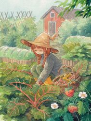 Rule 34 | 1girl, barn, boots, braid, brown hat, chard, flower, food, fruit, garden, gardening, gloves, green gloves, green pants, grey sweater, hat, heikala, highres, holding, holding food, holding leaf, leaf, mushroom, orange hair, original, outdoors, painting (medium), pants, plant, planter, rubber boots, solo, strawberry, strawberry blossoms, sweater, traditional media, trellis, twin braids, watercolor (medium), witch hat, yellow footwear