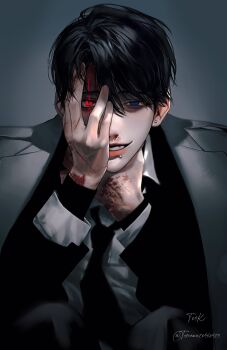 Rule 34 | 1boy, artist name, black hair, black jacket, black necktie, black pants, black shirt, blood, blood on face, blood on hands, blue eyes, coat, commentary, earrings, english commentary, face piercing, glowing, glowing eye, glowing scar, gradient background, grey background, grey coat, hair between eyes, hand on own face, hand on own neck, highres, jacket, jewelry, knees up, male focus, mouth piercing, necktie, nosebleed, original, pants, parted lips, piercing, red eyes, scar, scar across eye, scar across eyebrow, scar on face, scar on hand, shirt, short hair, slit pupils, smile, solo, teeth, thick lips, toscana20460423, turtleneck, turtleneck shirt, twitter username, upper body, white shirt