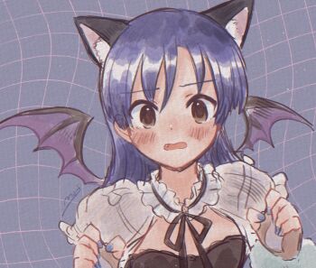 Rule 34 | 1girl, animal ears, blue background, blue hair, blue nails, blush, brown eyes, cat ears, commentary, demon wings, fang, fingernails, grid background, hands up, highres, idolmaster, idolmaster (classic), kisaragi chihaya, long hair, looking at viewer, nail polish, nekoninaru ne, open mouth, portrait, solo, symbol-only commentary, wings