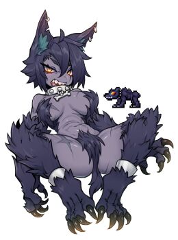 1girl ahoge animal_ear_fluff animal_ears animal_feet breasts breasts_apart claws collar colored_skin dog_tail ear_piercing female_focus full_body glowing glowing_eyes grey_skin hair_between_eyes hellhound_(terraria) highres looking_at_viewer navel nyong_nyong open_mouth personification piercing reference_inset saliva scar scar_on_chest scar_on_leg sharp_teeth short_hair solo spiked_collar spikes spread_legs tail teeth terraria white_background wolf_ears wolf_girl yellow_eyes