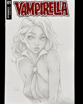 1girl breasts cleavage commentary copyright_name covered_erect_nipples english_commentary graphite_(medium) highres large_breasts leotard o-ring o-ring_leotard parted_lips signature solo traditional_media upper_body vampirella vampirella_(character) will_jack