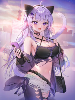 1girl absurdres ahoge animal_ears bag bare_shoulders belt black_choker black_shirt blurry bokeh breasts cat_ears cat_girl cat_tail choker cleavage commentary commentary_request cowboy_shot criss-cross_halter crop_top depth_of_field hairband halterneck highres holding holding_phone hololive jacket large_breasts long_hair looking_at_viewer midriff navel nekomata_okayu nekomata_okayu_(personya_respect) off_shoulder open_clothes open_fly open_jacket open_mouth phone purple_eyes purple_hair purple_jacket runlan_0329 shirt short_shorts shorts shoulder_bag single_leg_pantyhose sleeveless sleeveless_shirt smile solo stomach tail tail_raised torn_clothes torn_shirt torn_shorts very_long_hair virtual_youtuber white_shorts