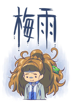 1girl :3 brown_hair chibi commentary_request creature fluffy_hair hair_bun idolmaster idolmaster_cinderella_girls inconvenient_hair jacket kamiya_nao long_hair necktie pina_korata sketch thick_eyebrows totoro_on upper_body