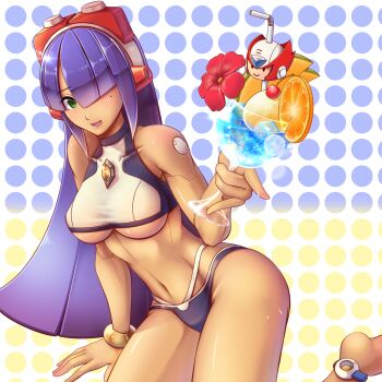 1girl android bikini bikini_bottom_only black_bikini bracelet breasts capcom cocktail commentary_request cup dark-skinned_female dark_skin drinking_glass drinking_straw female_focus glass green_eyes hair_over_one_eye headgear highres holding holding_cup imo_konn_nyaku jewelry joints large_breasts layer_(mega_man) leaning_forward long_hair mega_man_(series) mega_man_x_(series) mole open_mouth polka_dot polka_dot_background purple_hair robot_ears robot_joints smile solo swimsuit underboob wine_glass zero_(mega_man)