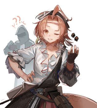 1girl 1other ahoge arknights belt belt_pouch black_gloves black_hat black_overalls blouse breasts brown_hair character_request check_character chinese_commentary collarbone commentary_request curtained_hair dice doctor_(arknights) earrings feather_earrings feathers fingerless_gloves forehead frilled_cuffs frilled_shirt_collar frills gloves hat highres huge_ahoge jewelry leather_belt one_eye_closed overalls parted_bangs parted_lips pointy_ears pouch rose_salt_(arknights) shirt short_hair simple_background single_glove single_strap small_breasts smile solo_focus upper_body wangmou_zilaojuan white_background white_shirt yellow_eyes