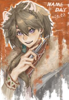 1boy :d brown_hair character_name coat commentary drawn_ears eat_cola fur-trimmed_coat fur_trim glint grey_coat hair_over_shoulder highres holding holding_knife knife long_hair low_ponytail male_focus name_day_(reverse:1999) open_mouth orange_background ponytail purple_eyes reverse:1999 smile solo symbol-only_commentary upper_body