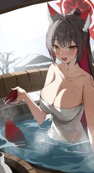 Rule 34 | 1girl, absurdres, animal ears, bathing, black hair, blue archive, breasts, brown eyes, cleavage, commentary, fox ears, fox girl, fox tail, halo, highres, large breasts, long hair, looking at viewer, multicolored hair, naked towel, open mouth, outdoors, partially submerged, red hair, red halo, sky, smile, snow, solo, tail, towel, two-tone hair, udonpan, untranslatable commentary, wakamo (blue archive), white sky