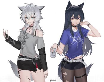 1girl 2girls alternate_costume animal_ear_piercing animal_ears arknights artist_name bajigurr belt black_belt black_choker black_gloves black_hair black_nails black_shirt black_shorts black_skirt blue_eyes blue_shirt bracelet brown_eyes brown_pantyhose can choker commentary cowboy_shot cross cross_necklace crossed_bangs drink_can english_commentary gloves gradient_background grey_hair grey_shirt hair_ornament hairclip half_gloves highres holding holding_can jewelry lappland_(arknights) long_hair long_sleeves looking_at_viewer material_growth midriff_peek miniskirt monster_energy multicolored_eyes multiple_girls nail_polish necklace o-ring o-ring_choker o-ring_thigh_strap off-shoulder_shirt off_shoulder orange_eyes oripathy_lesion_(arknights) pantyhose parted_lips polka_dot polka_dot_background print_shirt purple_shirt ring scar scar_across_eye scar_on_face shirt short_shorts short_sleeves shorts side_slit sidelocks simple_background skirt smile solo t-shirt tail texas_(arknights) thigh_strap torn_clothes torn_pantyhose torn_shirt two-tone_eyes white_background white_belt wolf_ears wolf_girl wolf_tail