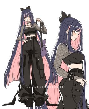 1girl black_pants black_tube_top blue_hair breasts cowboy_shot criis-chan fishnet_top fishnets full_body long_hair multicolored_hair multiple_views pants panty_&amp;_stocking_with_garterbelt pink_hair simple_background stocking_(psg) strapless tube_top two-tone_hair
