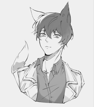 1boy :3 animal_ears black_hair cat_ears cat_tail coat collared_shirt greyscale hair_between_eyes hashtag-only_commentary head_tilt highres kemonomimi_mode kim_dokja looking_at_viewer male_focus monochrome naasmcuti2217 omniscient_reader&#039;s_viewpoint open_clothes open_coat popped_collar shirt short_hair solo tail upper_body