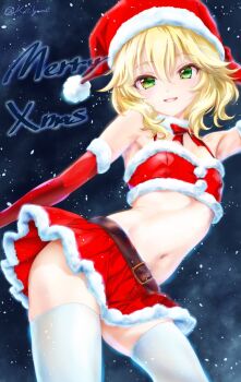 1girl belt blonde_hair breasts christmas commentary_request crop_top elbow_gloves fur_trim gloves green_eyes hat highres idolmaster idolmaster_cinderella_girls igarashi_kei looking_at_viewer miniskirt navel sakurai_momoka santa_costume santa_hat short_hair skirt small_breasts smile snowing solo thighhighs white_thighhighs