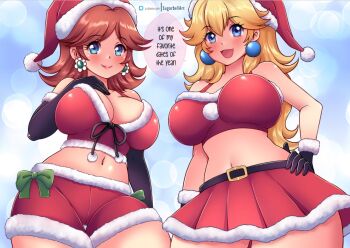 2girls belt black_belt black_gloves blonde_hair blue_background blue_eyes blush bow breasts brown_hair bubble_background christmas cleavage collarbone earrings flower_earrings fur-trimmed_gloves fur-trimmed_headwear fur-trimmed_shirt fur-trimmed_shorts fur-trimmed_skirt fur_trim gloves green_bow hand_on_own_chest hand_on_own_hip hat jewelry large_breasts long_hair looking_at_viewer mario_(series) midriff multiple_girls navel nintendo open_mouth pearl_earrings pom_pom_(clothes) princess_daisy princess_peach red_shirt red_shorts red_skirt santa_costume santa_hat shirt shorts skirt sleeveless sleeveless_shirt smile speech_bubble standing sugarbell