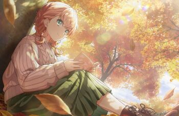 1girl autumn autumn_leaves book boots brown_boots closed_mouth dappled_sunlight falling_leaves game_cg green_skirt highres hinoshita_kaho holding holding_book lace-up_boots leaf link!_like!_love_live! long_skirt looking_at_viewer love_live! non-web_source official_art on_ground open_book orange_hair outdoors pleated_skirt sitting skirt smile solo split_mouth sunlight virtual_youtuber