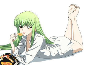 1girl :o baasaku_(balasaku24) barefoot breasts c.c. chips_(food) cleavage code_geass eating food full_body green_hair highres holding holding_food looking_at_viewer lying medium_breasts on_stomach open_mouth shirt small_breasts snack solo the_pose white_shirt yellow_eyes