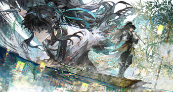 1boy bamboo bamboo_forest black_hair black_pants cloak closed_mouth forest gradient_hair green_ribbon grey_eyes grey_hair hair_ribbon highres holding holding_sword holding_weapon long_hair male_focus missing_commentary multicolored_hair multiple_views nature pants ponytail qiuyuan_(wuthering_waves) ribbon sword water weapon white_cloak wuthering_waves xiandao1213