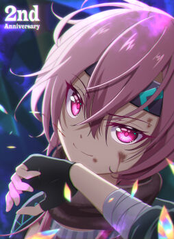 >:) 1girl absurdres anniversary asaba_touka bandaged_arm bandages black_gloves blue_background closed_mouth commentary_request eyelashes fingerless_gloves gloves hair_between_eyes hand_up heaven_burns_red highres injury long_hair looking_at_viewer matsuoka_chiroru pink_hair portrait red_eyes revision scarf sidelocks simple_background smile solo split_mouth v-shaped_eyebrows