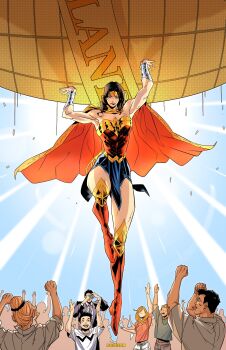 amazon_warrior armor bracer cape commentary_request dc_comics gold_bracer gold_tiara highres leotard lifting_object long_hair multiple_persona muscular muscular_female plaguestorm191 skirt superhero_costume tiara wonder_woman wonder_woman_(series)