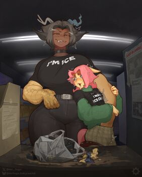 Rule 34 | 1boy, 1girl, absurdres, animal ears, antlers, bag, banknote, black choker, black hair, black pants, black skirt, blue eyes, blush, breasts, buying condoms, choker, claws, coin, colored skin, condom box, convenience store, counter, curtained hair, curvy, dark-skinned female, dark skin, denim, discord (my little pony), english text, fangs, fluttershy, genderswap, genderswap (ftm), genderswap (mtf), green sweater, grey hair, groping, hair intakes, half-closed eyes, hand in another's pants, hand on belt, hasbro, hetero, highres, holding another's arm, horns, horse boy, horse ears, horse tail, huge breasts, indoors, jeans, large breasts, long hair, looking at another, money, mrfuga, my little pony, my little pony: friendship is magic, no nose, open mouth, pants, partial humanization, pink hair, plaid clothes, plaid pants, plastic bag, public indecency, raised inner eyebrows, shirt, shop, short hair, size difference, skirt, sweat, sweater, t-shirt, tail, teeth, thick thighs, thighs, trap, wide hips, yellow eyes, yellow skin