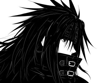 1boy absurdres commentary covered_mouth english_commentary final_fantasy final_fantasy_vii final_fantasy_vii_remake headband highres long_hair lughost male_focus monochrome portrait profile solo spiked_hair vincent_valentine