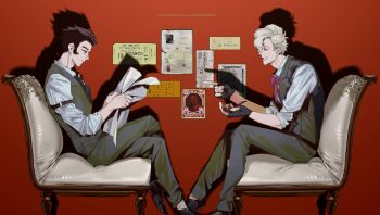 Rule 34 | 2boys, absurdres, armchair, black gloves, black hair, black necktie, blonde hair, chair, closed eyes, closed mouth, collared shirt, crossed legs, fingerless gloves, from side, gloves, green pants, green vest, highres, holding, holding newspaper, holding paper, long sleeves, male focus, multiple boys, necktie, newspaper, non-web source, original, pants, paper, profile, pulppunk001, reading, red background, shirt, shoes, short hair, sitting, sleeves rolled up, smile, vest, white shirt