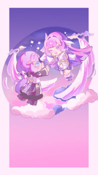 2girls ;) absurdres blue_eyes border chibi chinese_commentary cloud commentary_request corset dual_persona elysia_(herrscher_of_human:_ego)_(honkai_impact) elysia_(honkai_impact) elysia_(miss_pink_elf)_(honkai_impact) fur-trimmed_gloves fur_trim gloves highres honkai_(series) honkai_impact_3rd long_hair multicolored_hair multiple_girls on_cloud one_eye_closed pink_hair purple_eyes purple_sky sky smile two-tone_hair very_long_hair white_border white_corset white_hair yinshui_ji_ya