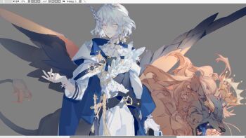 1boy ^^^ alternate_costume belt black_wings brooch cape cloak crown feathered_wings gloves grey_background hair_between_eyes hair_ornament hand_up highres jewelry lion liulianjingrua long_sleeves male_focus original short_hair simple_background solo sword weapon white_gloves white_hair wings