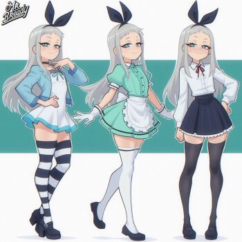 1boy absurdres apron black_hairband black_thighhighs blend_s blue_skirt commentary dress english_commentary gloves green_eyes grey_hair hairband highres kanzaki_hideri long_hair platform_heels short_dress short_sleeves skirt srbready standing stile_uniform striped_clothes striped_thighhighs thighhighs trap waist_apron white_gloves