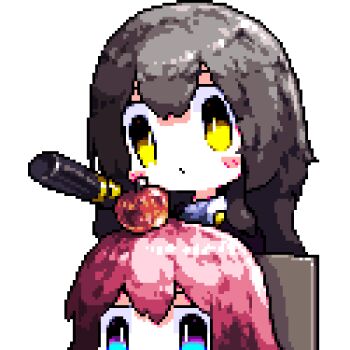 2girls animated animated_gif apple apple_on_head baseball_bat blue_eyes bonk chibi chibi_only downvote_(downvote_me) food fruit grey_hair holding holding_baseball_bat honkai:_star_rail honkai_(series) march_7th_(honkai:_star_rail) medium_hair multicolored_eyes multiple_girls pink_eyes pink_hair pixel_art simple_background stelle_(honkai:_star_rail) trailblazer_(honkai:_star_rail) two-tone_eyes white_background