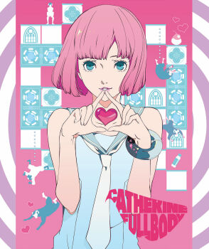 1boy absurdres alien block_(object) blue_serafuku bob_cut bracelet catherine:_full_body catherine_(game) copyright_name crossdressing crossdressing_(mtf) falling green_eyes heart highres jewelry looking_at_viewer male_focus necktie non-web_source official_art pink_background pink_hair pink_lips rin_(catherine) school_uniform serafuku sheep short_hair sleeveless smile soejima_shigenori trap vincent_brooks white_necktie