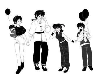 Rule 34 | 2girls, 3boys, absurdres, baby, balloon, braid, brother and sister, carrying, carrying baby, carrying person, chinese clothes, commentary, crown braid, english commentary, father and child, father and daughter, father and son, food, food in mouth, greyscale, hand up, hetero, highres, holding, holding balloon, holding food, if they mated, monochrome, mother and child, mother and daughter, mother and son, multiple boys, multiple girls, pacifier, pants, parent and child, plaid clothes, plaid shirt, ranma 1/2, saotome ranma, saotome ranma (male), shirt, shoes, short hair, shorts, siblings, single braid, sleeveless, smile, split mouth, tendou akane, tongue, tongue out, wolfiverse, wrist cuffs