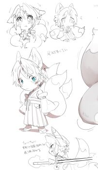 1boy animal_ears arm_belt arrow_(symbol) blood blood_on_face blue_eyes blush chibi chibi_only clenched_hands commentary_request cropped detached_sleeves ears_down final_fantasy final_fantasy_vii final_fantasy_vii_ever_crisis fox_boy fox_ears fox_tail geta hair_intakes hakama hakama_pants hand_up hattouissenbaka highres holding holding_sword holding_weapon japanese_clothes kemonomimi_mode kimono kitsune male_focus masamune_(ff7) multiple_tails multiple_views notice_lines pants parted_bangs parted_lips partially_colored sephiroth sephiroth_(ever_crisis) serious short_hair sketch spot_color sword tail translation_request weapon wide_sleeves
